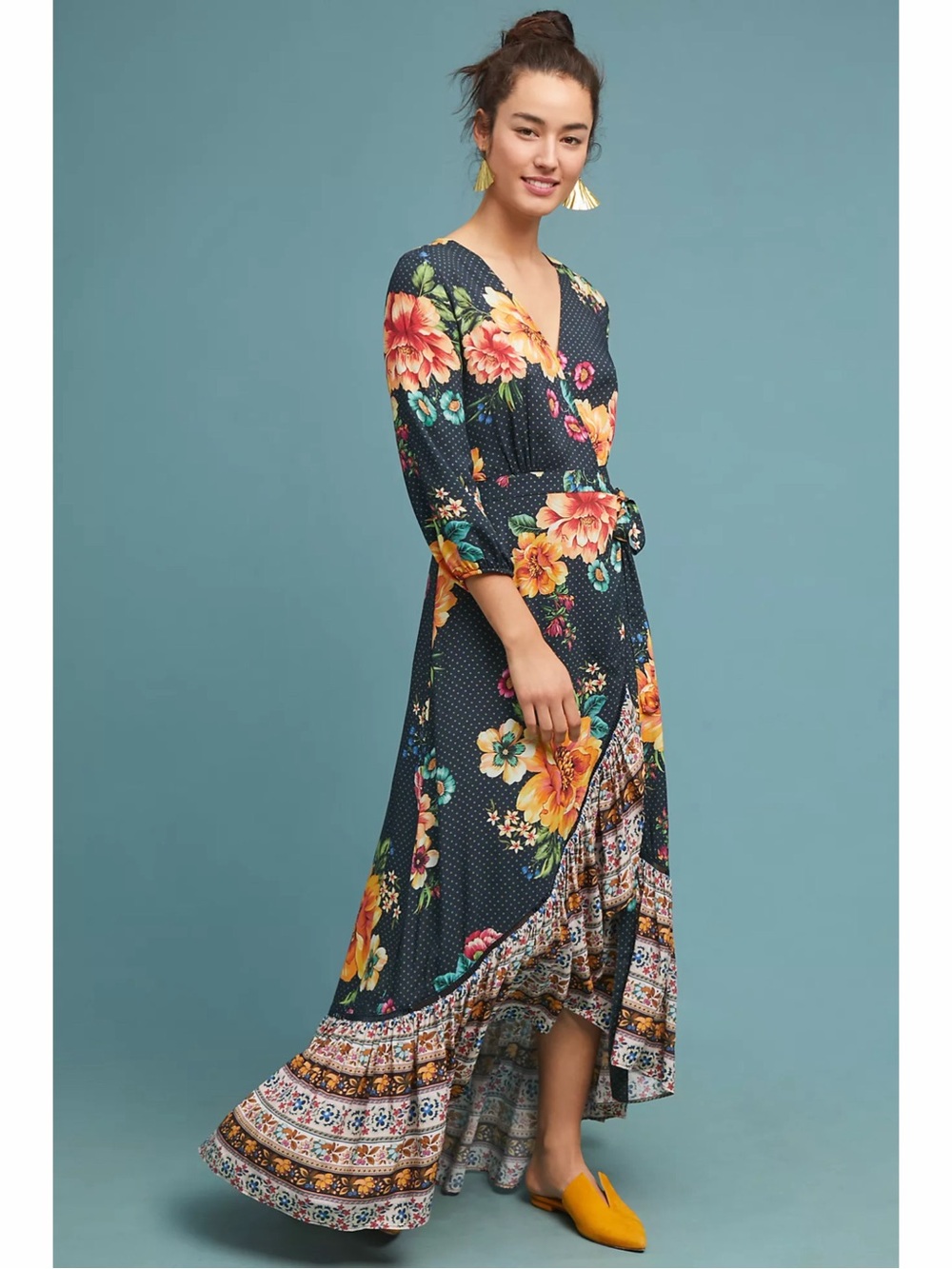 Anthropologie Farm Rio Majorca Wrap Dress Size S Blue Floral Polka Dot Hi Low